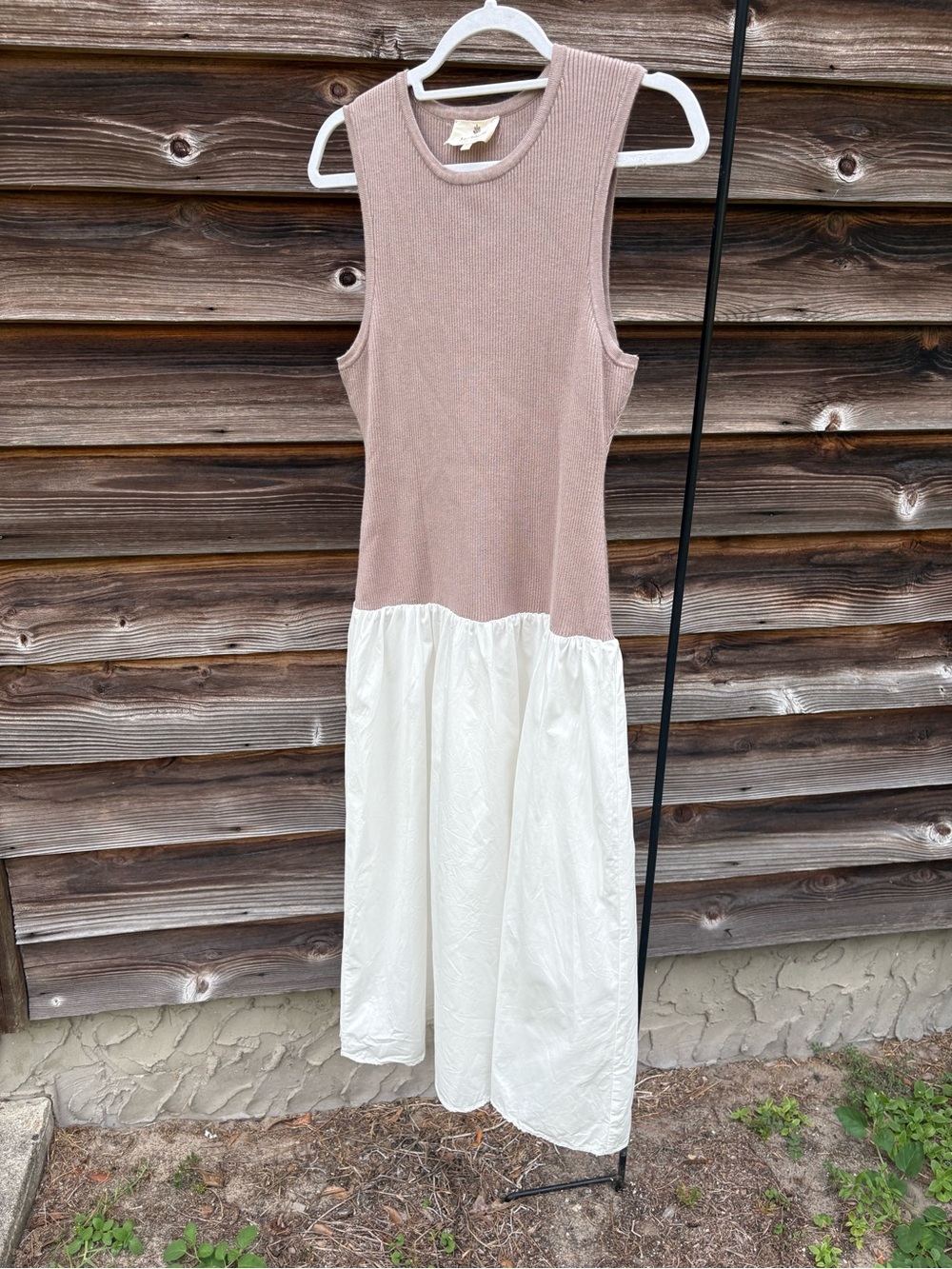 Sleeveless Two-Tone Knit & Midi Dress - Tan and White
